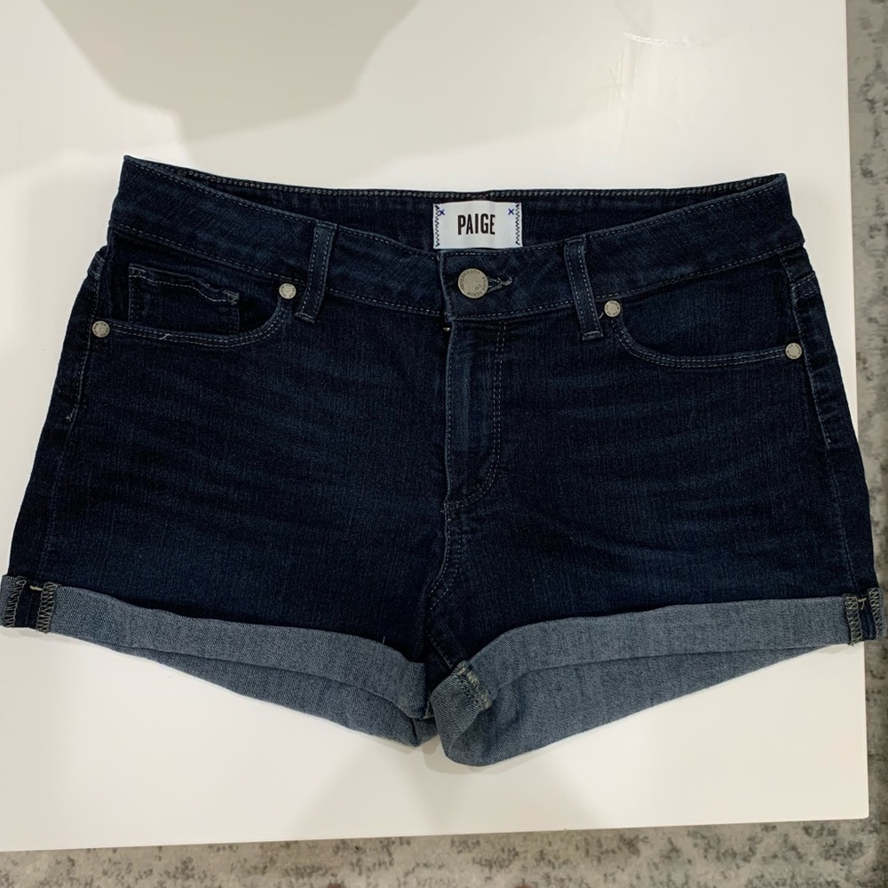 PAIGE Dark Wash Medium-Rise Jean Shorts